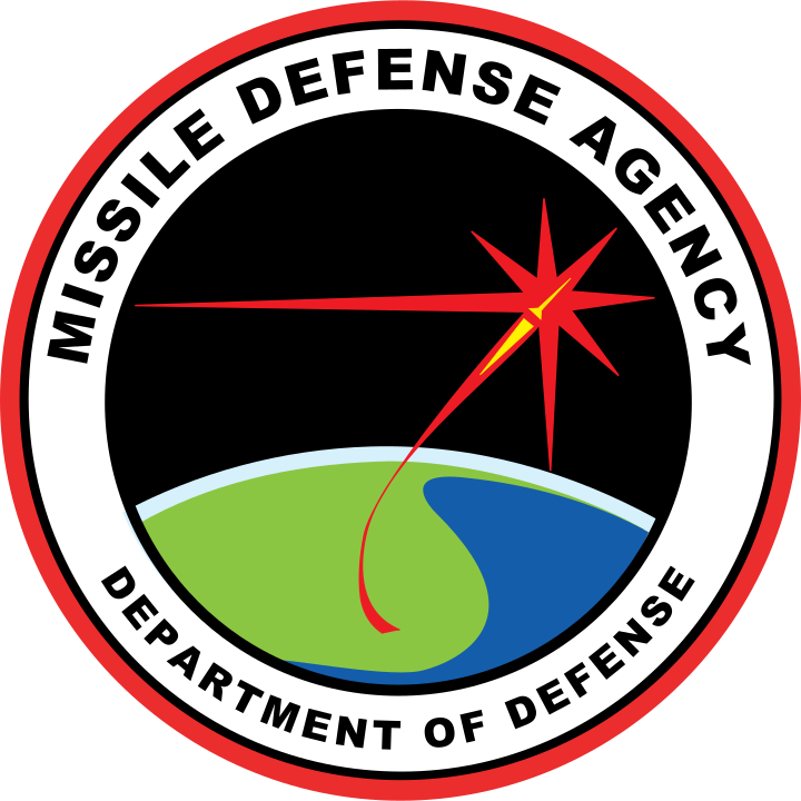 Seal of the Missile Defense Agency: A red and white circular emblem features a stylized globe, with a red starburst and trajectory, symbolizing defense capabilities.